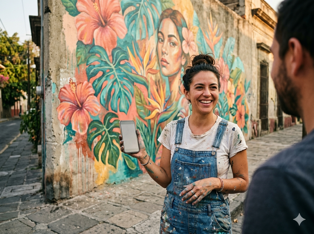 Muralista mostrando su link de cobro al cliente frente a un mural floral