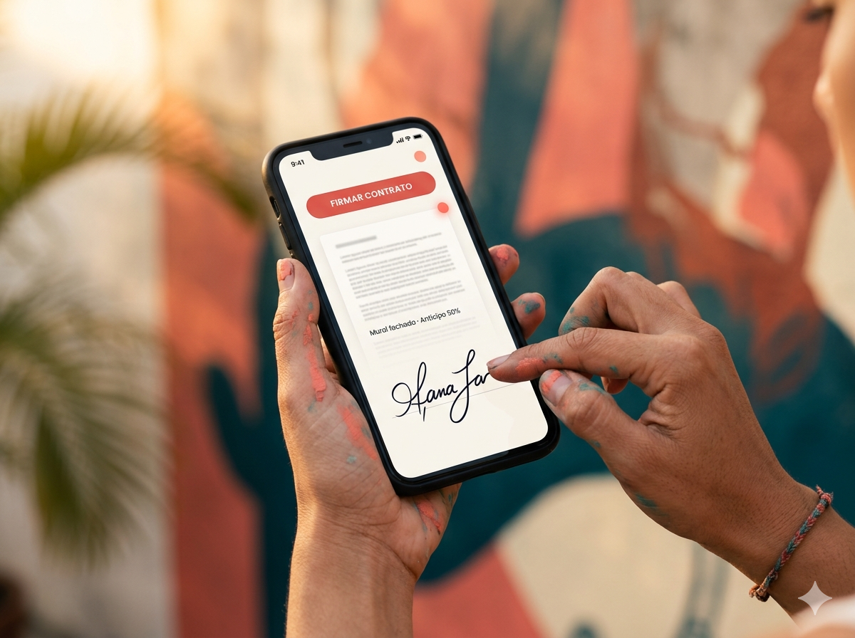 Firma a dedo sobre la pantalla del teléfono, contrato del proyecto