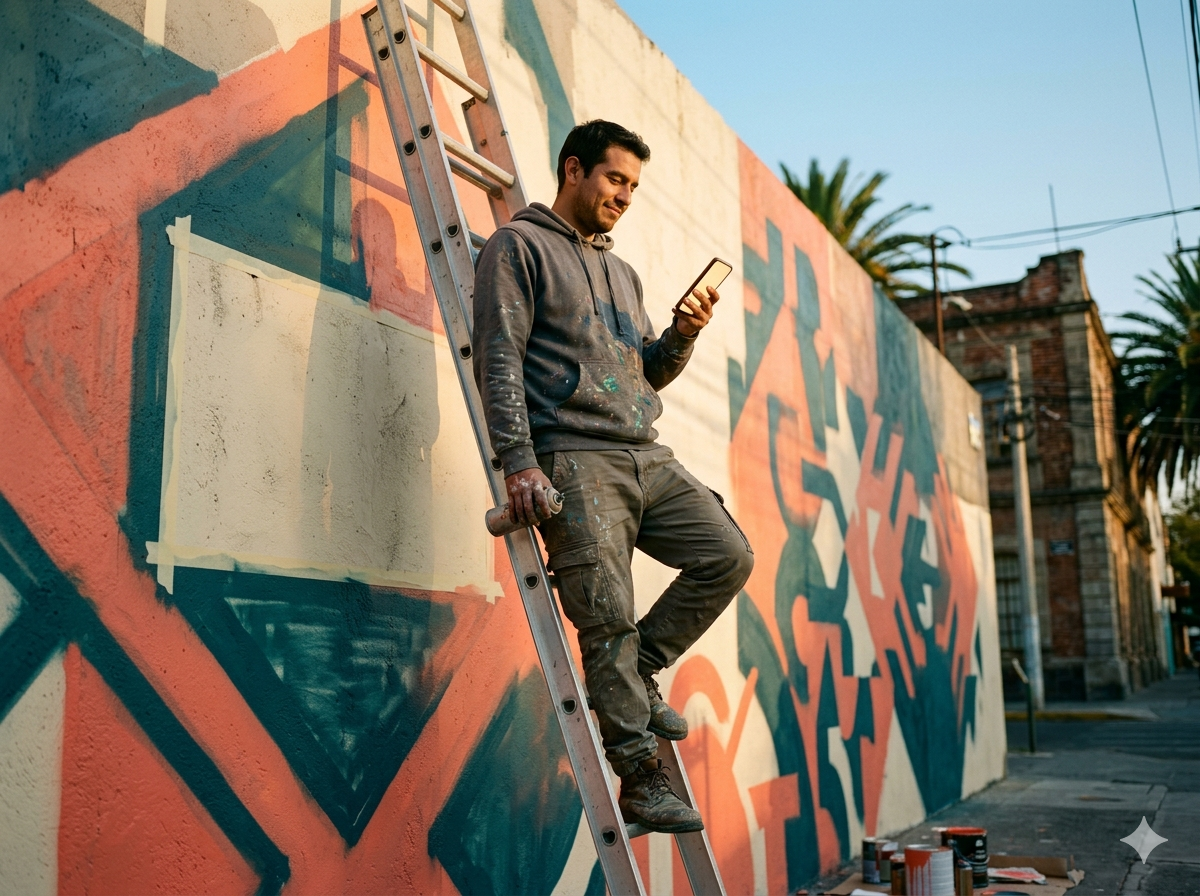Muralista en escalera frente a su mural leyendo notificación de pago