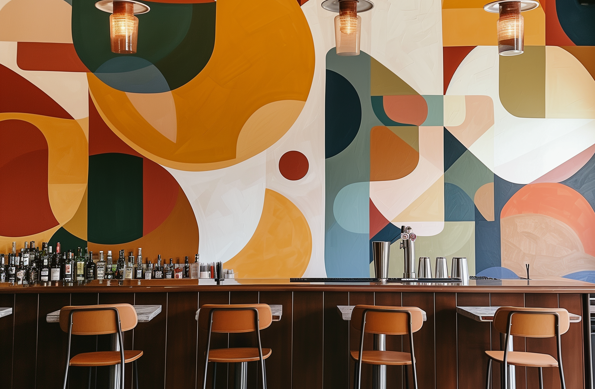 Mural artístico en el interior de un bar café vintage